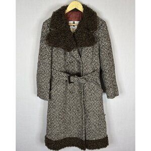 Vintage Marielle Fleury Wool Tweed Coat Faux Shearling Trim Belted Women 12 60s